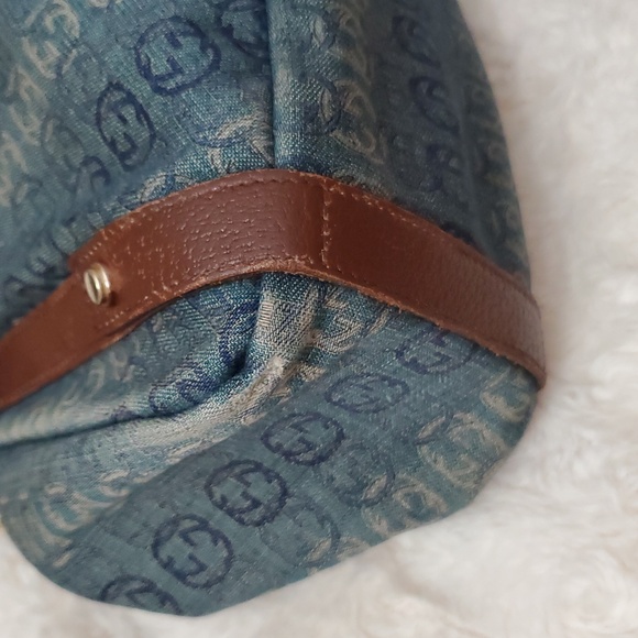 Authentic Gucci Blue Monogram Denim Shoulder Bag with Brown Leather Straps RARE! - Picture 7 of 16